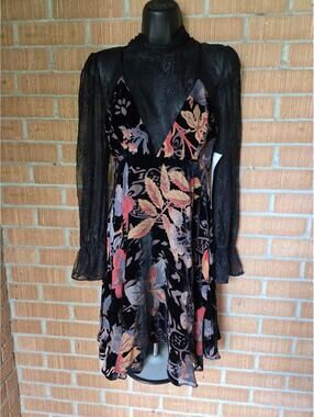 Bebe Proto Silk Floral Velvet Burnout Mini Dress Spaghetti Strap Black NWT